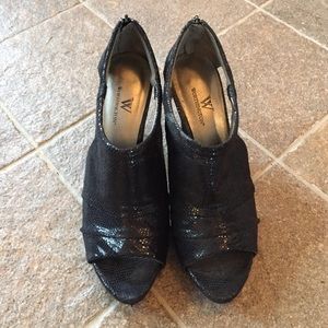 Black shimmer open toe booties