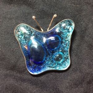 Sterling silver blue glass butterfly brooch