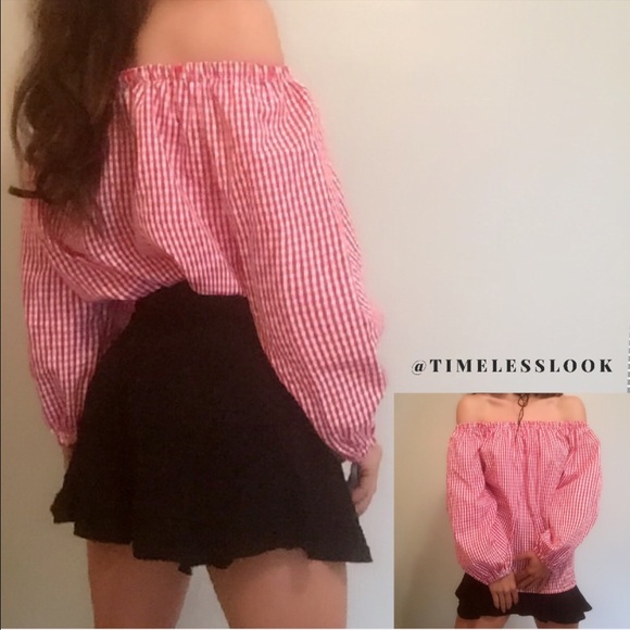 Off shoulder bubble sleeve gingham plaid print top - Picture 2 of 4