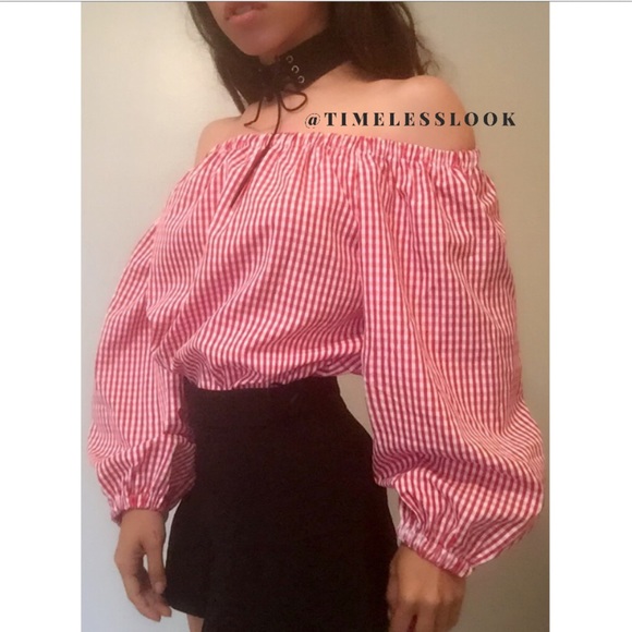 Off shoulder bubble sleeve gingham plaid print top - Picture 3 of 4