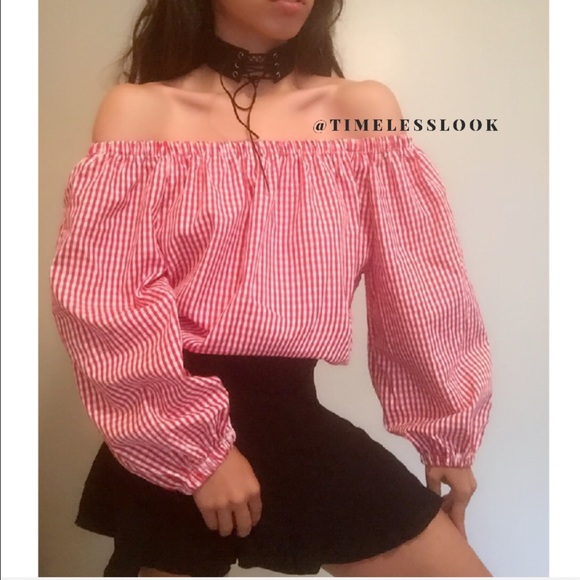 Off shoulder bubble sleeve gingham plaid print top - Picture 4 of 4