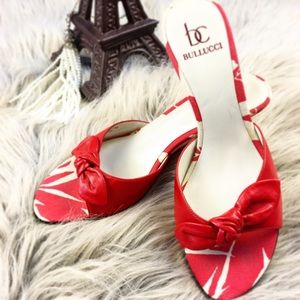 Red leather bow knot wedged heels