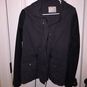 Dark grey and black leather bomber jacket