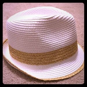 White and tan fedora hat