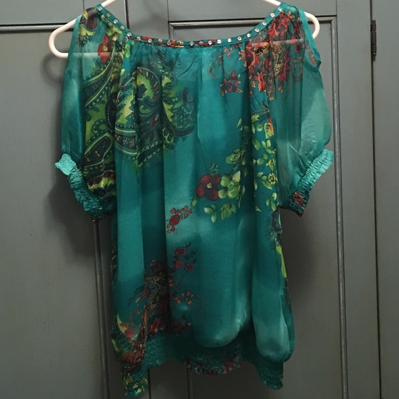 MARINEBLU Green Floral Cold Shoulder Blouse - Picture 4 of 4