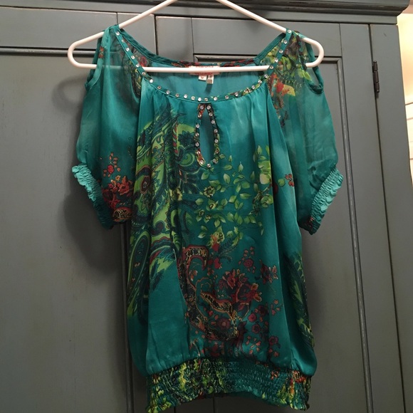 MARINEBLU Green Floral Cold Shoulder Blouse - Picture 3 of 4