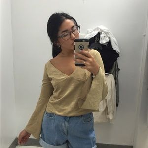 Cropped Faux Suede Bell Sleeve Top