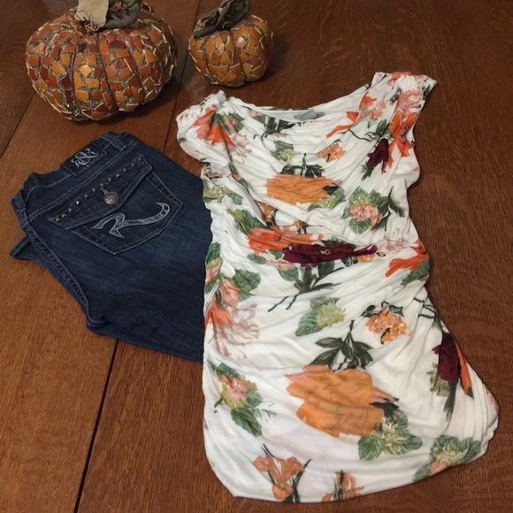 H&M top ruching print orange reds green cream XS