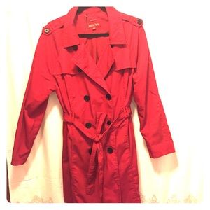 Red, water resistant, trench coat