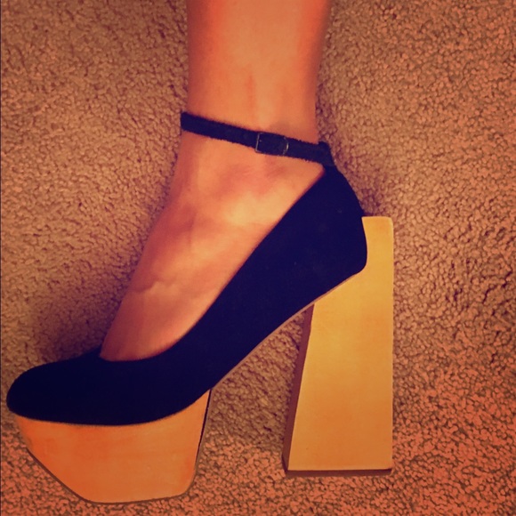 Jeffery Campbell black leather + wood platforms7.5