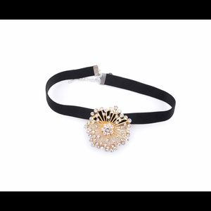 Gold Brooch and Diamond Black Choker Necklace