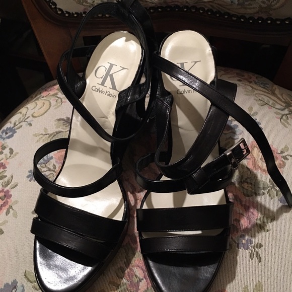 Calvin Klein, Black Leather Strap Sandals