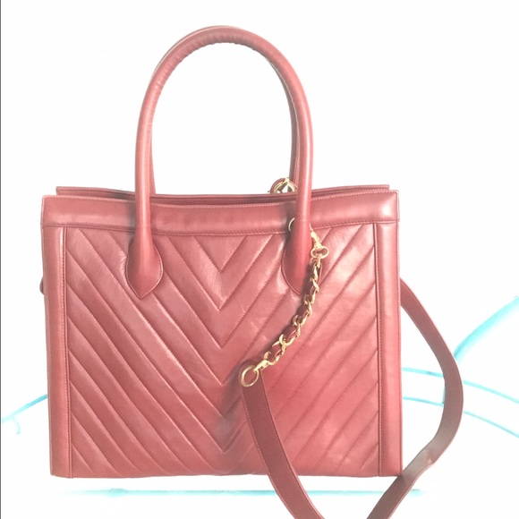 Authentic Chanel Chevron Tote In Ox Blood