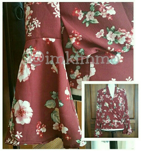 Floral Surplice Bell Sleeve Blouse - Picture 2 of 5