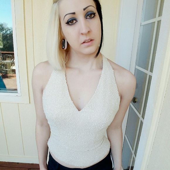 Cache Creme Beaded Halter Top