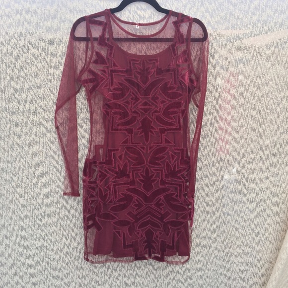BURGUNDY VELVET MESH TWO PIECE MINI DRESS