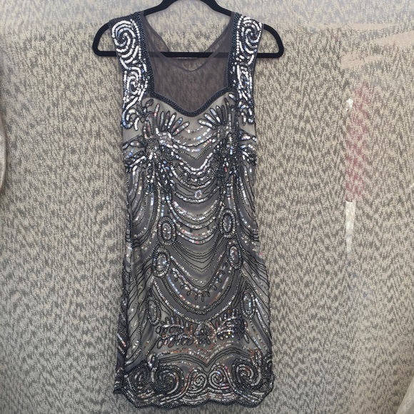 BLACK SILVER SEQUIN BEADED MESH DRESS