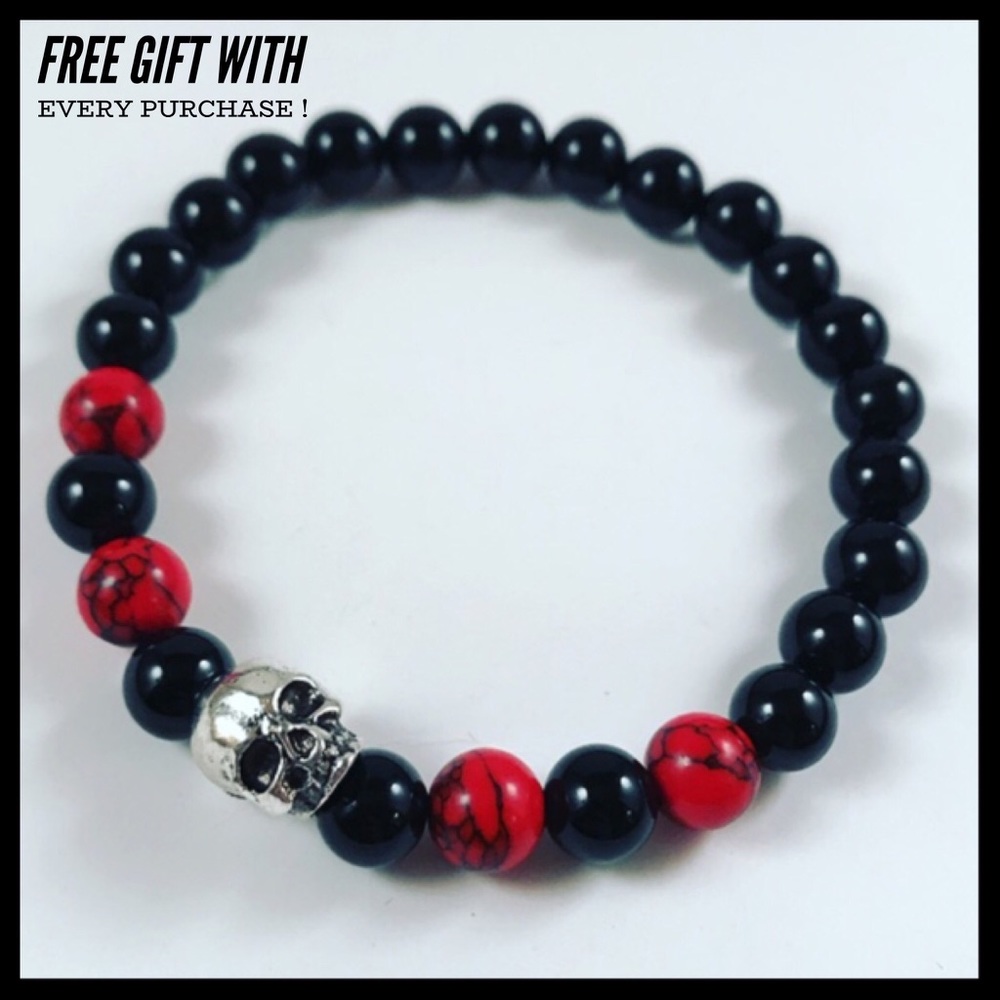 🦊Two for $25 ! onyx/red turquoise skull bracelet