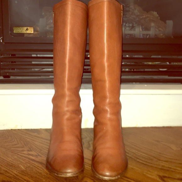 J Crew Harper Leather Boots in Dark Cognac