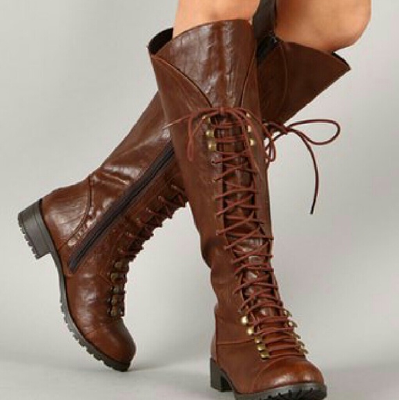 Women military lace up knee high boots