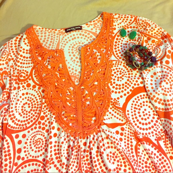 cha cha vente Tops - Orange Embroidered Detail Tunic