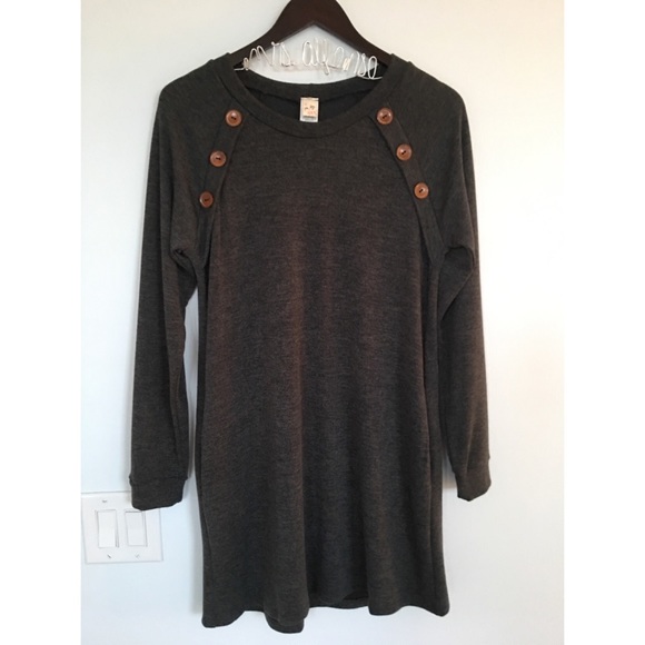 Charcoal LongSleeve Sweater Dress Button Accent - Picture 3 of 4