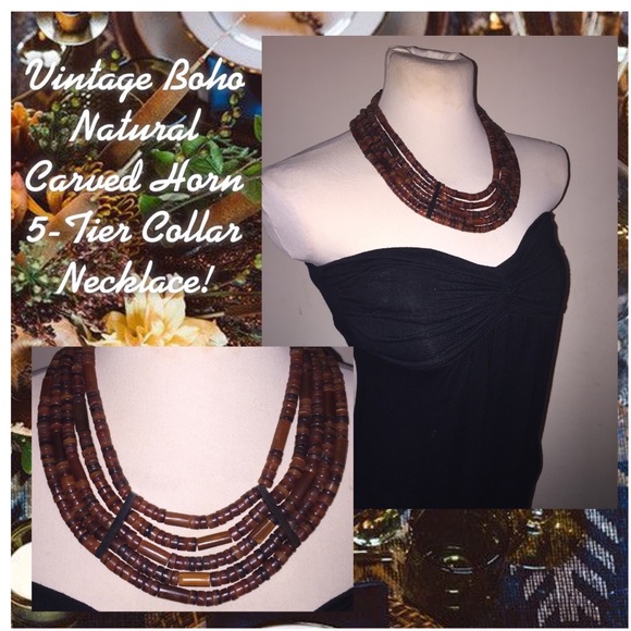 Vintage Jewelry - VTG Boho Natural Horn 5-Tier Collar Necklace!