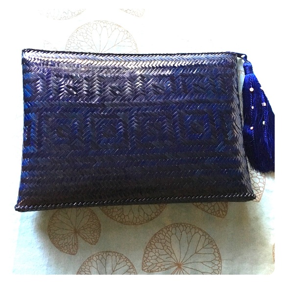 Vintage navy bamboo clutch. With silk tassel