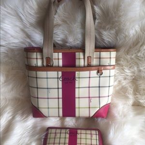 Coach plaid wallet and purse pink