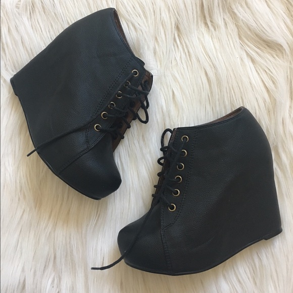 Jeffrey Campbell 99 Tie Black Wedge Booties sz 6 - Picture 1 of 4