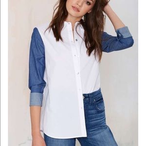 Line & Dot Contrast Button Up Blouse