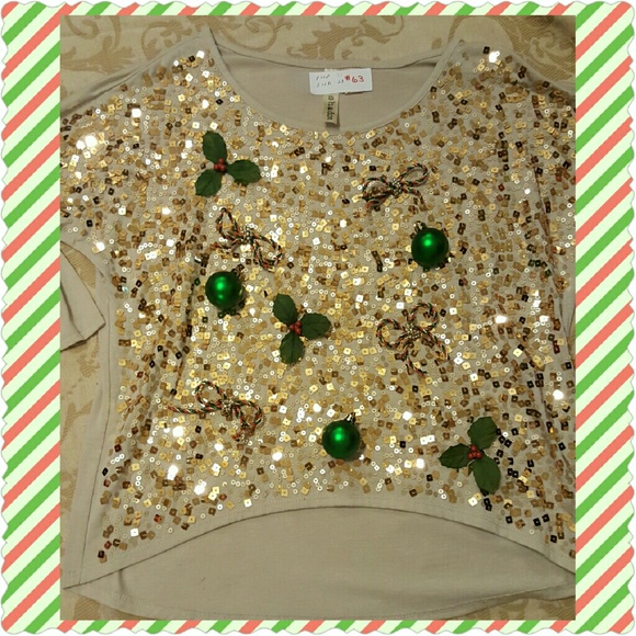Holiday Party Top Gold Sequins & Ornaments