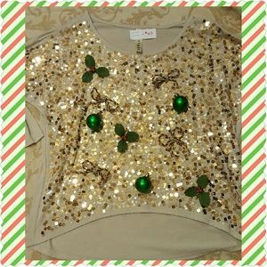 Holiday Party Top Gold Sequins & Ornaments