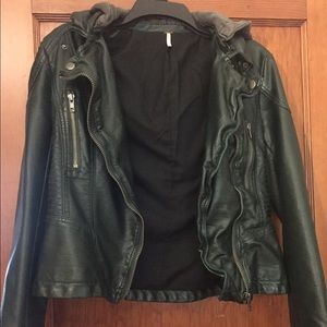 Free People Dark Green Vegan Leather Hooded Jacket