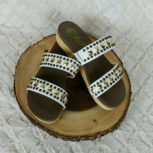 White leather studded platform sandals