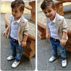 3 Piece Boy's Jeans,White Polo Shirt & Khaki Coat