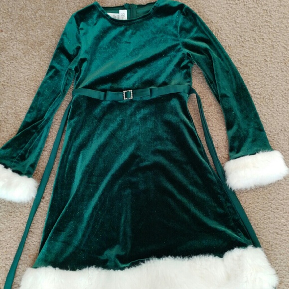 Green Christmas dress with faux fur trim and sash