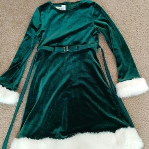 Green Christmas dress with faux fur trim and sash