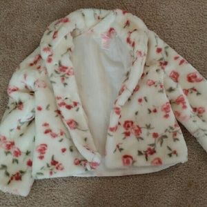 Girls faux fur floral print coat