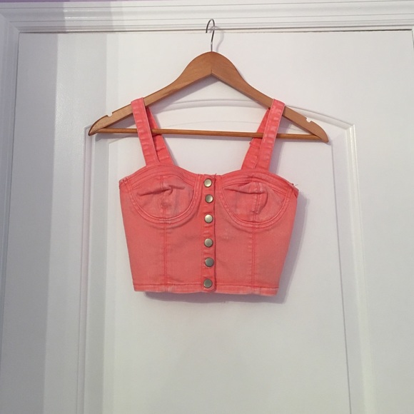 Neon coral denim material crop top button up