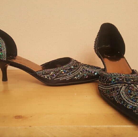 Dollhouse Shoes - Beaded Black Kitten Heels