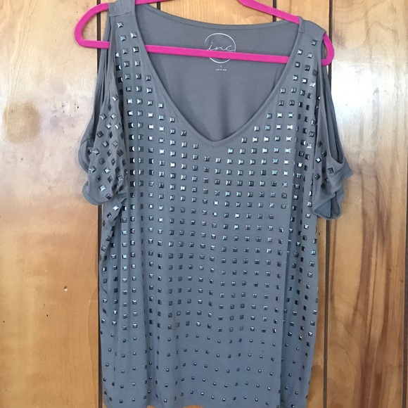 Studded taupe cold shoulder top