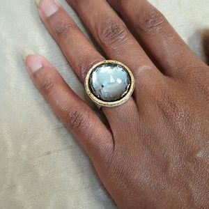 Faceted Crystal Dome Statement Ring w/ Wide Hammered Sterling Silver Band