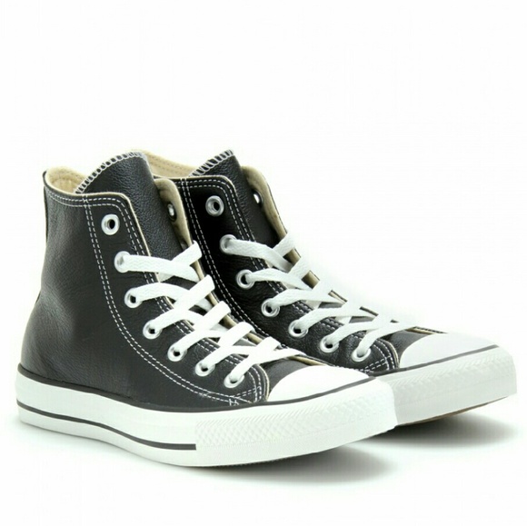black and white leather high top converse