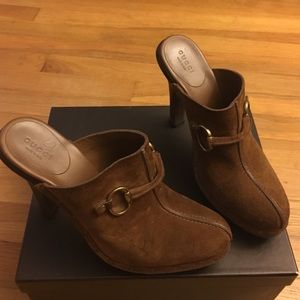 GUCCI Brown Suede Wood Platforms Clogs Size 38 1/2