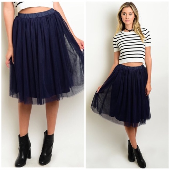 Navy Blue Tulle Midi Skirt NWT - Picture 2 of 8