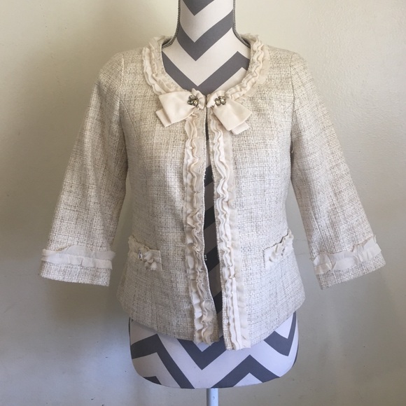 Plaid, lace decor, collarless 3/4 sleeve no collar jacket