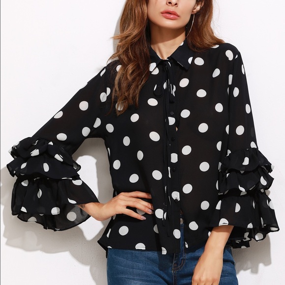 Navy Polka Dot Print Layered Ruffle Sleeve Blouse