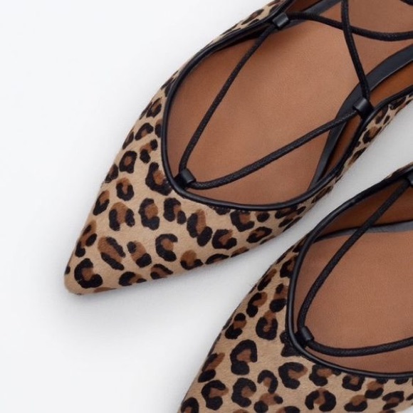 ZARA LACE UP LEOPARD POINTY FLATS