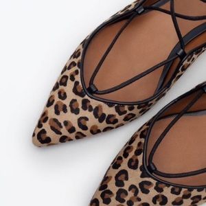 ZARA LACE UP LEOPARD POINTY FLATS